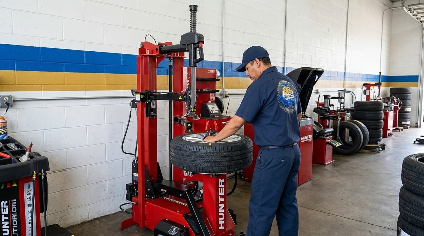 S&S Service technician mounting a tire on a Hunter tire changer in the Big Lake shop