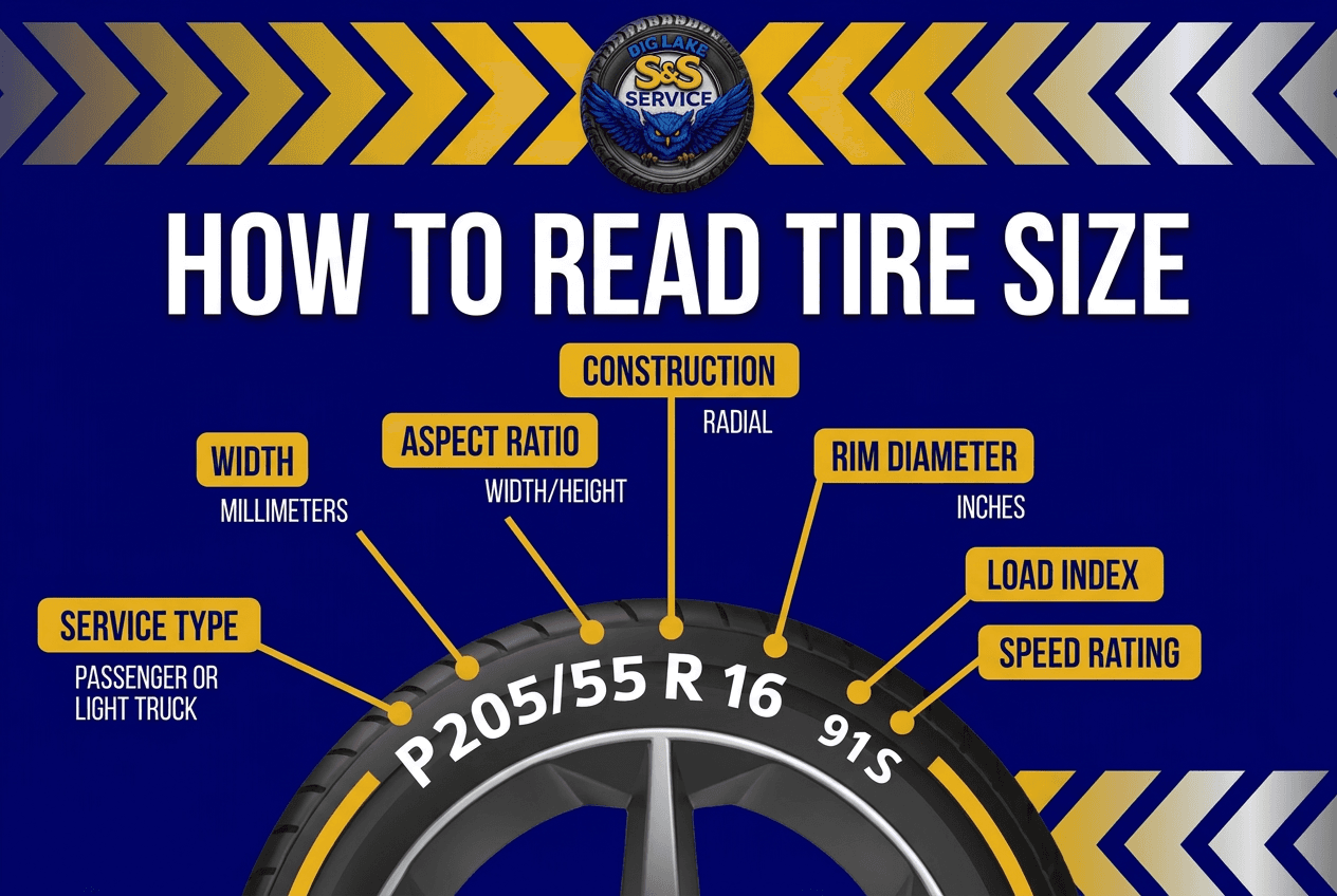 Diagram showing how to read a tire size code like P205/55R16 91S on the sidewall
