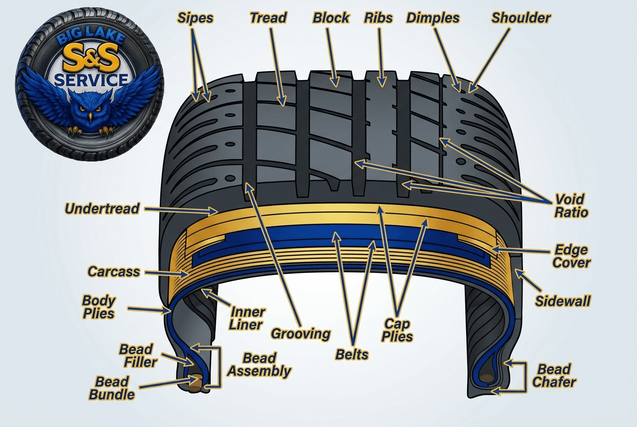 Cutaway diagram of tire construction: tread, belts, plies, bead assembly, sidewall and inner liner