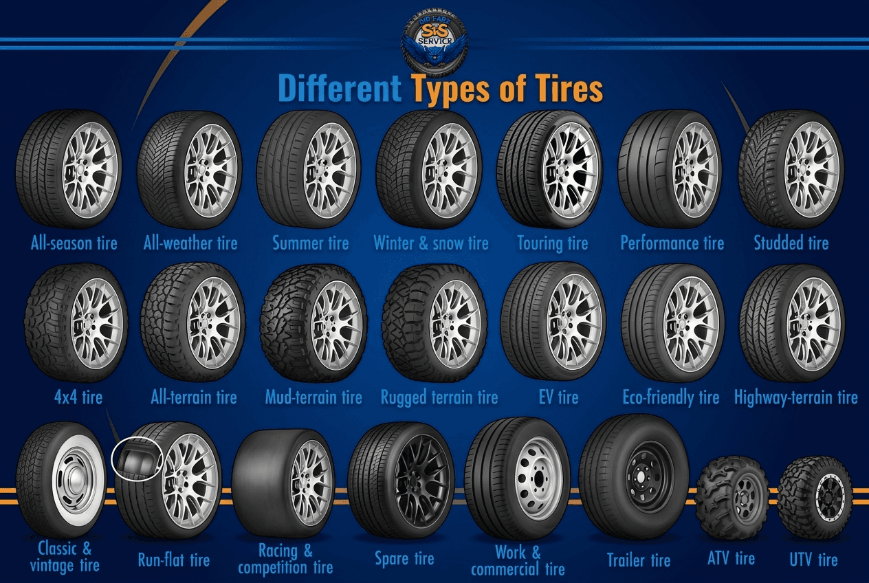 Chart of tire types: all-season, all-weather, winter, touring, performance, all-terrain, mud-terrain, commercial and more