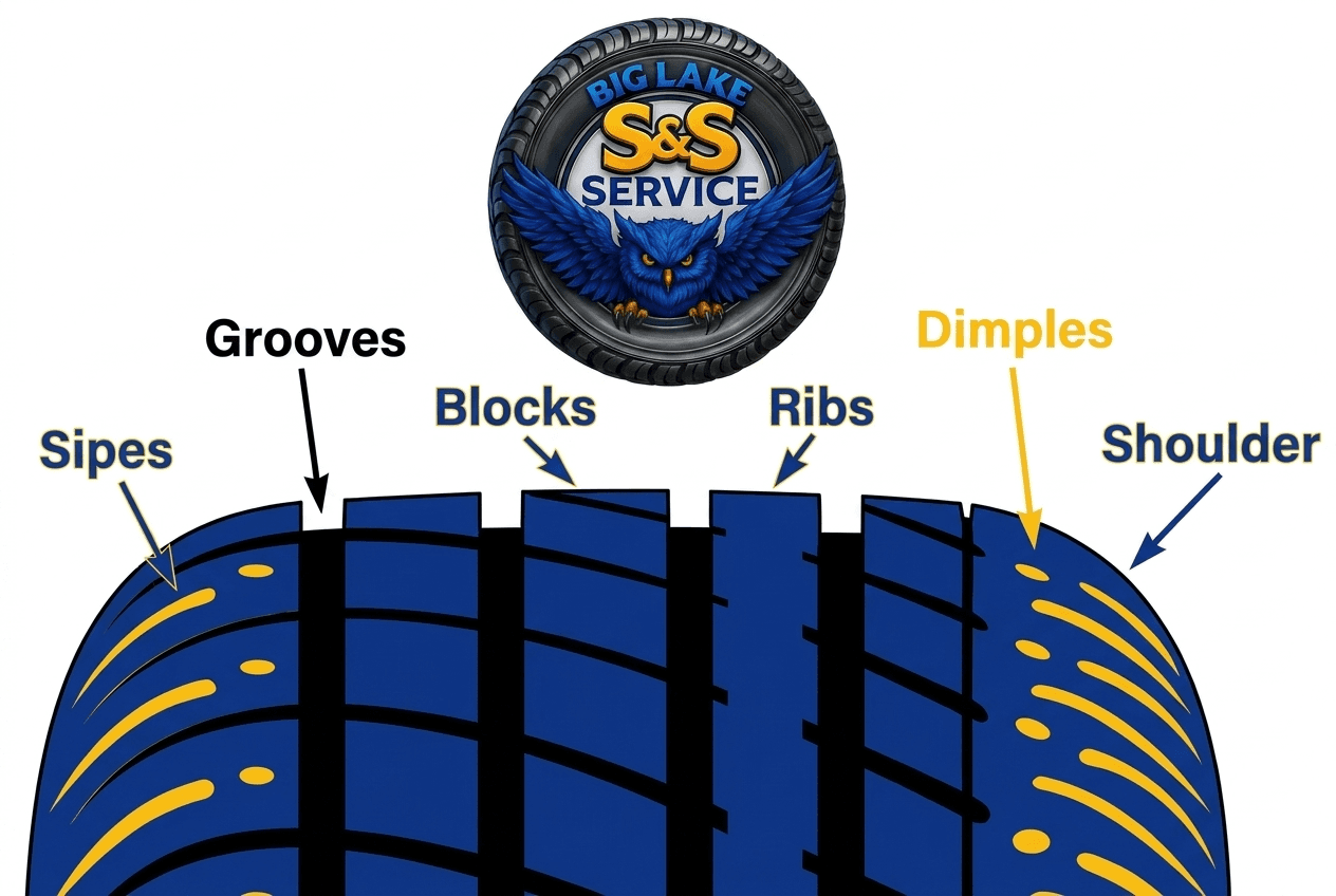 Tire tread anatomy diagram labeling sipes, grooves, blocks, ribs, dimples and shoulder