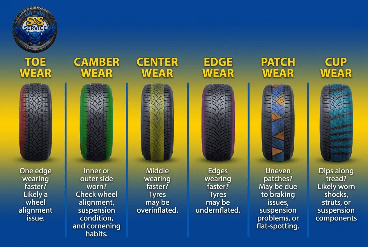 Chart of six tire wear patterns — toe, camber, center, edge, patch and cup wear — and their causes